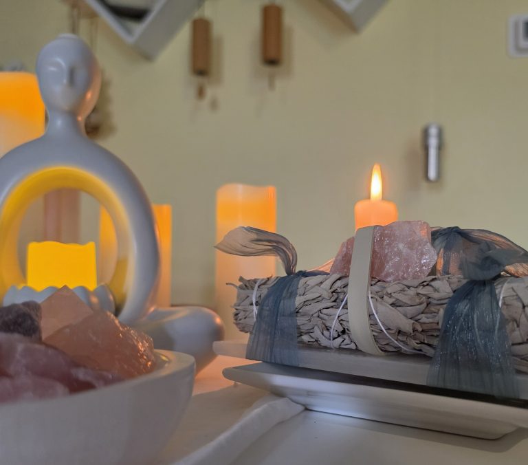 sage rose quartz selenite candles koshi chimes 768x676
