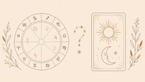 Astrology birth chart wheel beside a tarot card with sun and moon