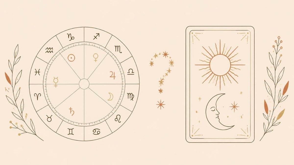 Astrology birth chart wheel beside a tarot card with sun and moon