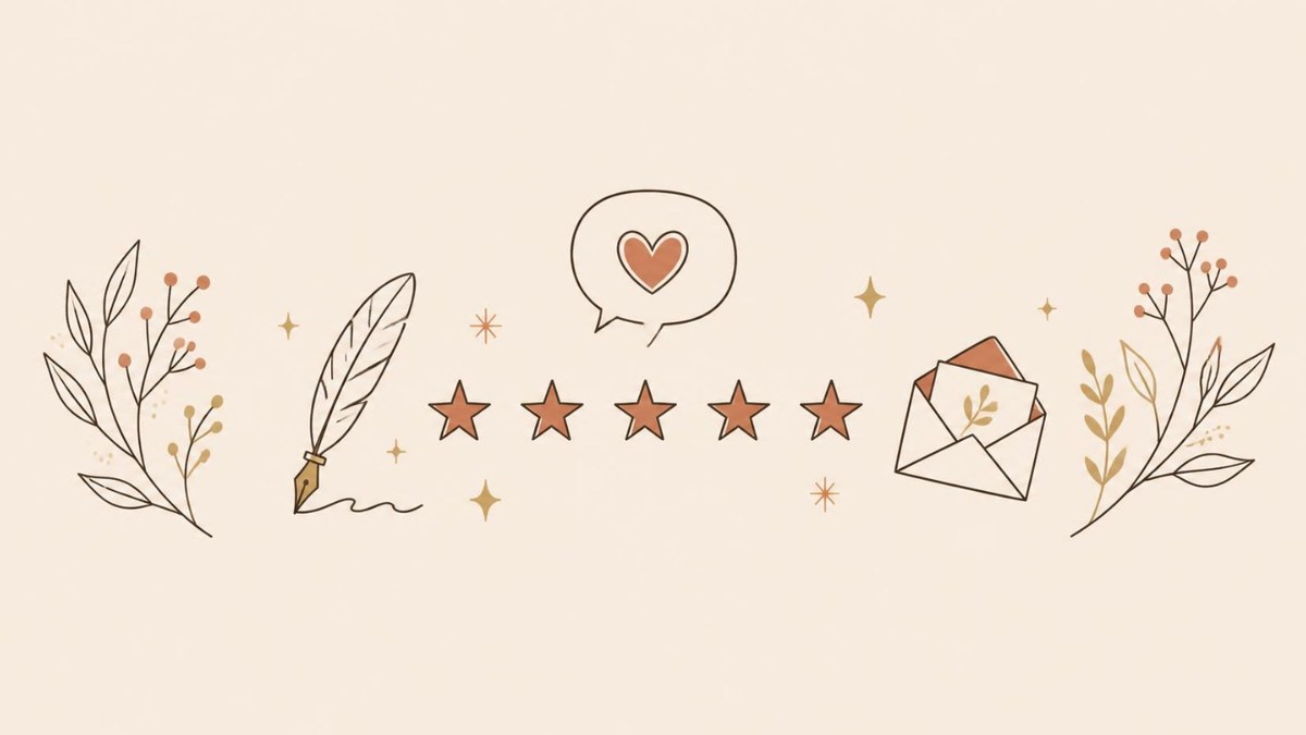Five stars, a quill and an open envelope, client reviews for practitioners