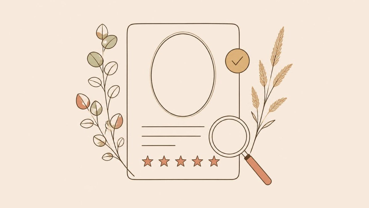 Practitioner profile card with stars, checkmark and magnifying glass