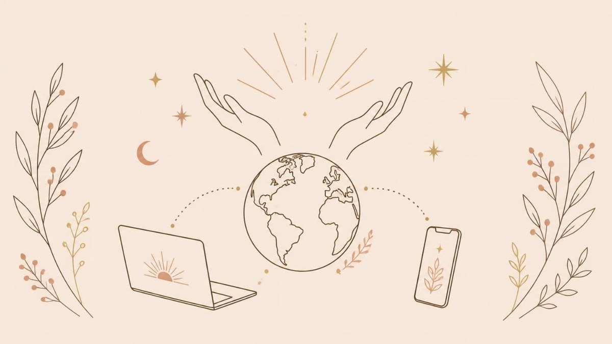 Open hands over a globe connected to a laptop and phone, online sessions
