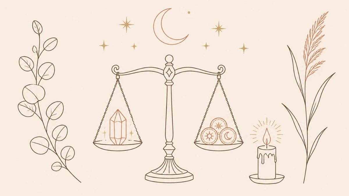 Balance scale with a crystal and coins, pricing spiritual sessions