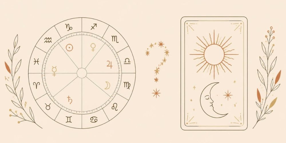 Astrology birth chart wheel beside a tarot card with sun and moon