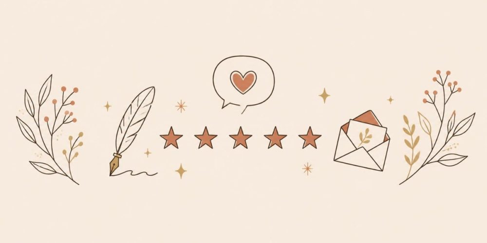 Five stars, a quill and an open envelope, client reviews for practitioners