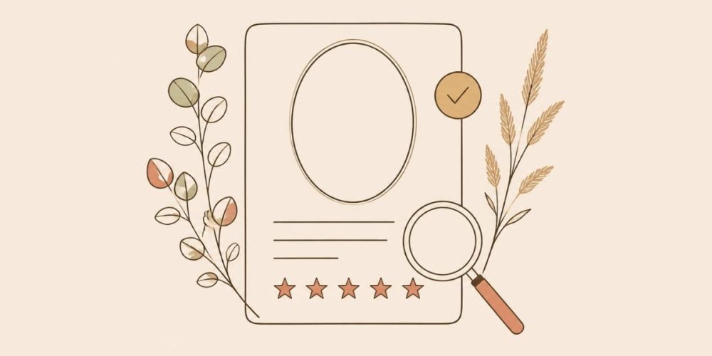 Practitioner profile card with stars, checkmark and magnifying glass