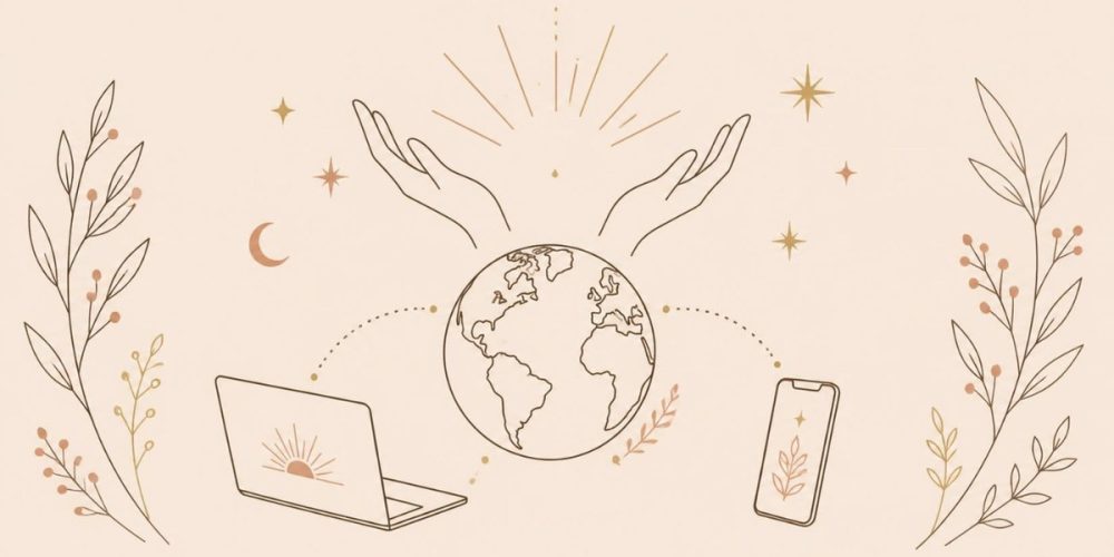 Open hands over a globe connected to a laptop and phone, online sessions