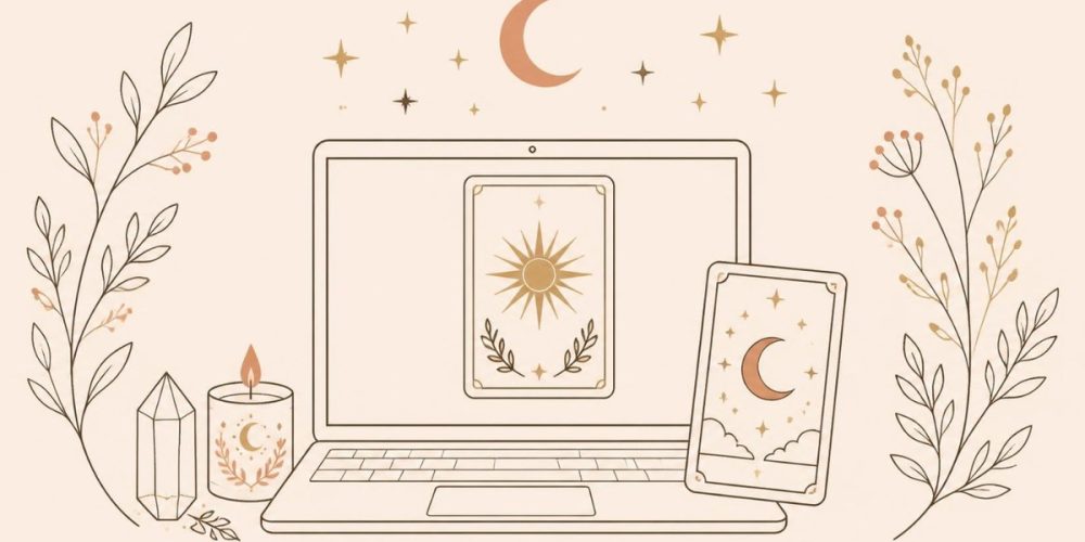 Laptop showing a tarot card beside a candle and crystal, online tarot reading