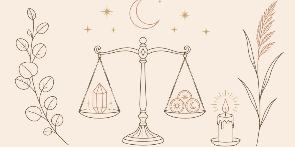 Balance scale with a crystal and coins, pricing spiritual sessions