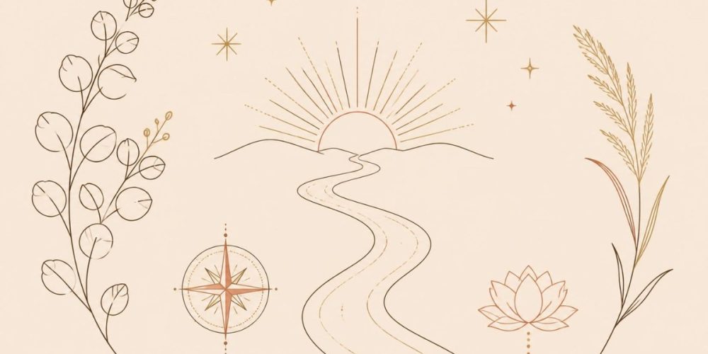 Winding path toward a rising sun with compass and lotus, spiritual coaching