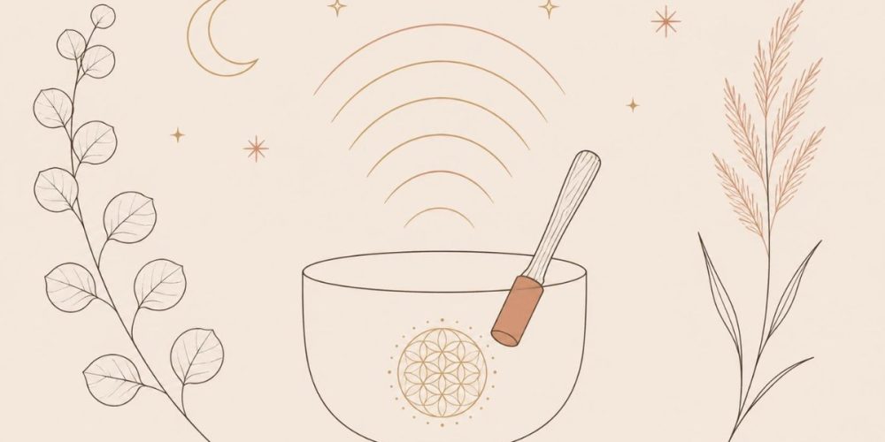 Singing bowl with mallet and sound waves, sound bath illustration